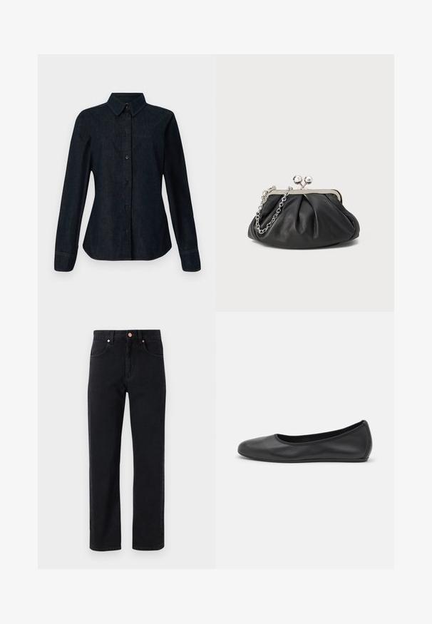 CLOSED SEAMING SHIRT - Blúzka so zapínaním na gombíky - dark blue; Čierne džíny z denimu so strihom rovného nohavice, dizajnom s piatimi vreckami, detailmi z medi a minimálnym viditeľným šitím.; Čierne kožené baleríny s okrúhlou špičkou, hladkým povrchom, minimálnym prešívaním a flexibilným dizajnom podrážky.; Čierna kožená kabelka s vrúbkovou textúrou, strieborným kovovým rámom, uzáverom na pobozkanie a retiazkou na nosenie. Hladký, jemný povrch.