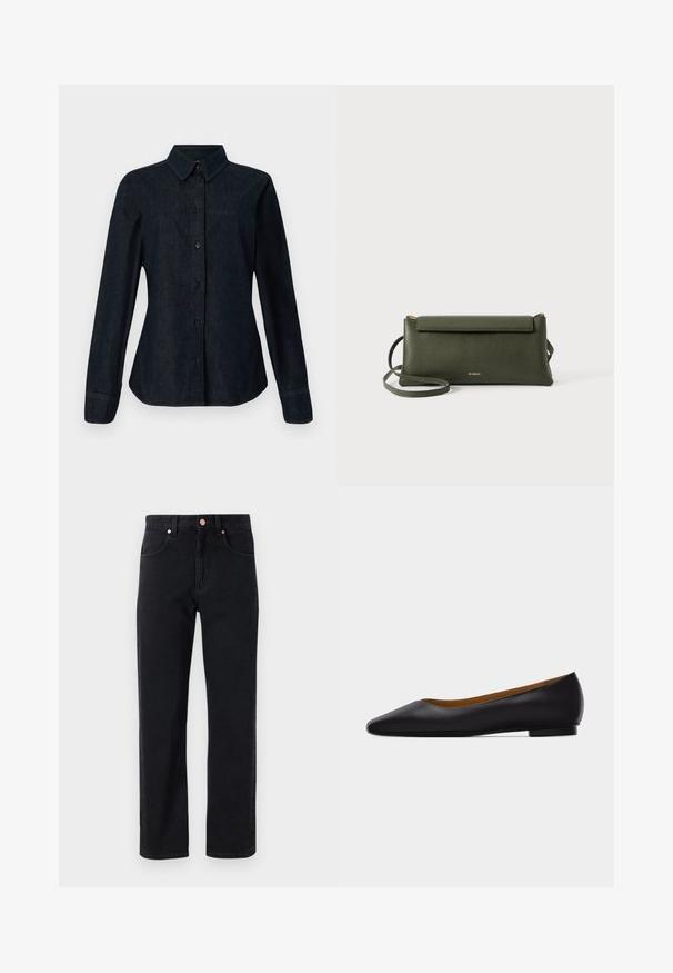 CLOSED SEAMING SHIRT - Hemdbluse - dark blue; Schwarze Jeans aus Denim mit geradem Bein, Fünf-Taschen-Design, Kupferknopfdetails und minimal sichtbaren Nähten.; Schwarzer flacher Schuh aus Leder mit spitz zulaufender Vorderkappe, niedrigem Absatz und glatter Oberfläche, von der Seite vor einem hellgrauen Hintergrund dargestellt.; Dunkelgrüne, strukturierte Leder-Crossbody-Tasche mit Klappenverschluss und dünnem verstellbarem Tragegurt, geprägt mit kleinem goldenen "Bee Projects"-Logo.
