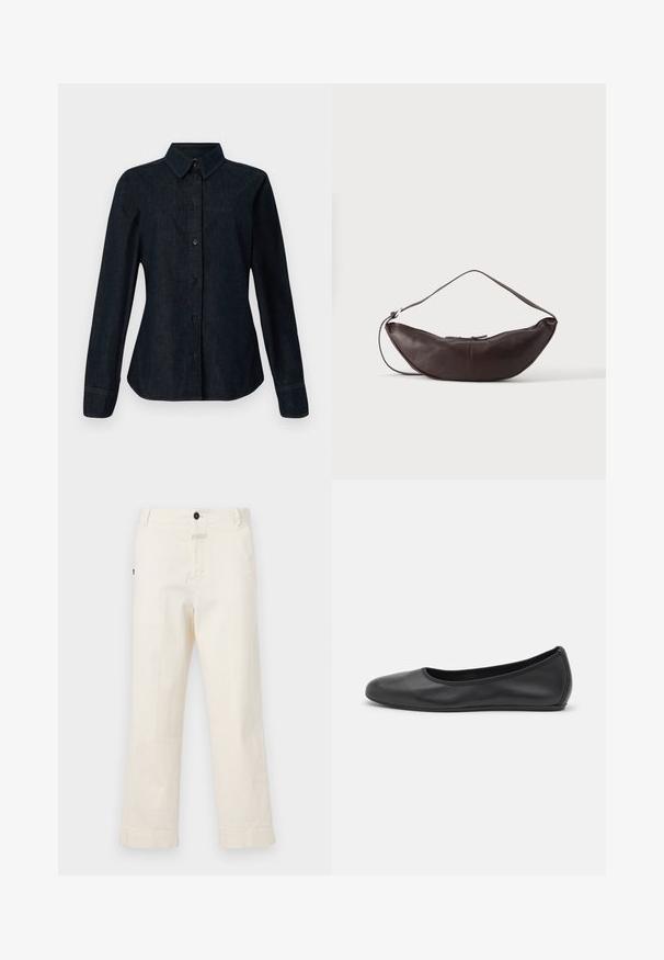 CLOSED SEAMING SHIRT - Overhemdblouse - dark blue; Beige katoenen broek met een recht model, voorzien van een voorknoopsluiting en een zak met een ronde knoopaccent.; Zwarte leren ballerina met een ronde neus, gladde textuur, minimale stikdetails en een flexibele zoolontwerp.; Donkerbruine leren schoudertas in halve maan vorm met een gebogen band en zichtbare stiksels op een effen achtergrond.