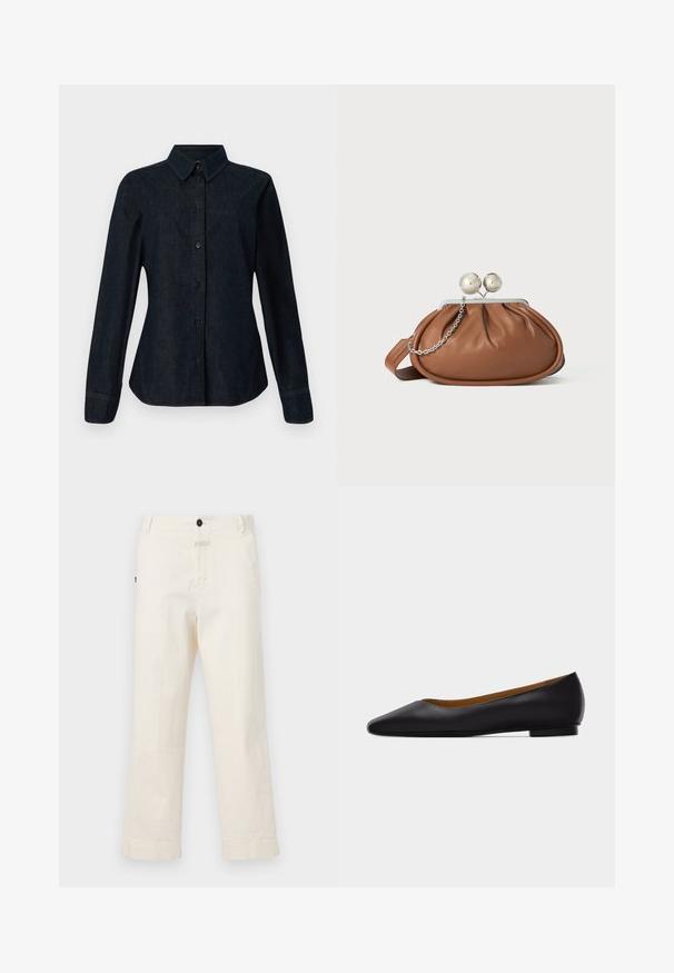 CLOSED SEAMING SHIRT - Hemdbluse - dark blue; Beige Baumwollhosen mit geradem Bein, ausgestattet mit einem Knopfverschluss vorne und einer Tasche mit einem runden Knopf als Akzent.; Schwarzer flacher Schuh aus Leder mit spitz zulaufender Vorderkappe, niedrigem Absatz und glatter Oberfläche, von der Seite vor einem hellgrauen Hintergrund dargestellt.; Braune Leder-Clutch mit silbernem Kugelverschluss und einem kleinen silbernen Kettendetail auf weißem Hintergrund.