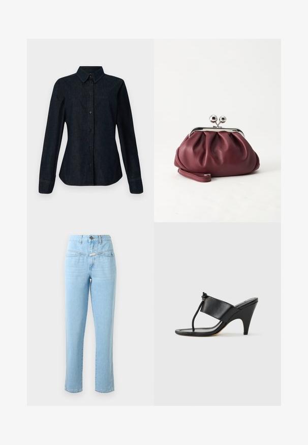 CLOSED SEAMING SHIRT - Hemdbluse - dark blue; Hoch taillierte, hellblaue Denim-Jeans mit Fronttaschen, Knopf- und Reißverschluss und geradem Beinschnitt.; Schwarze Sandalette mit hohem Absatz, breitem Vorderriemen und Zehenschlaufe mit einer geknoteten Kordel als Detail, seitlich auf weißem Hintergrund dargestellt.; Kleine burgunderrote Lederclutch mit silbernem Metallverschluss und Handgelenksriemen auf weißem Hintergrund.