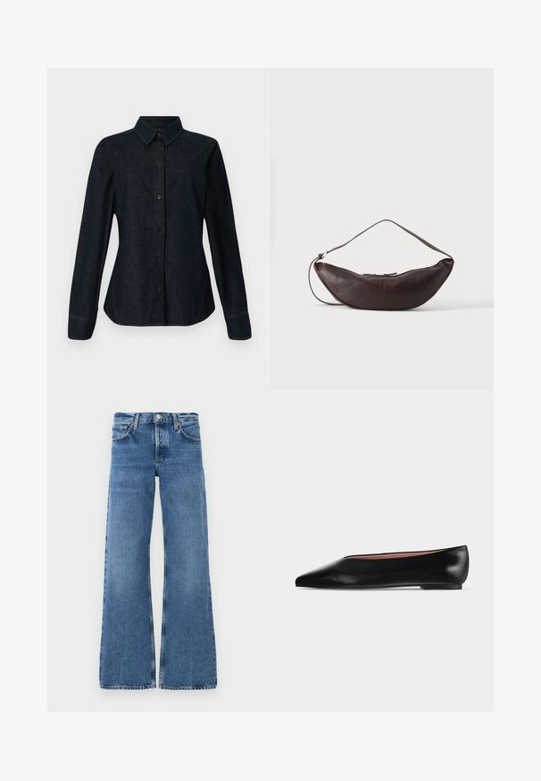 CLOSED SEAMING SHIRT - Skjortebluser - dark blue; Bredde ben jeans i blå denim med en falmet vask, frontlommer, en knaplukning og slidte kanter ved benene.; Sort damesko i læder med flad hæl og spids tå, vist fra siden på en ensfarvet lys grå baggrund.; Mørkebrun læder skuldertaske i halvmåneform med buet rem og synlige syninger på ensfarvet baggrund.