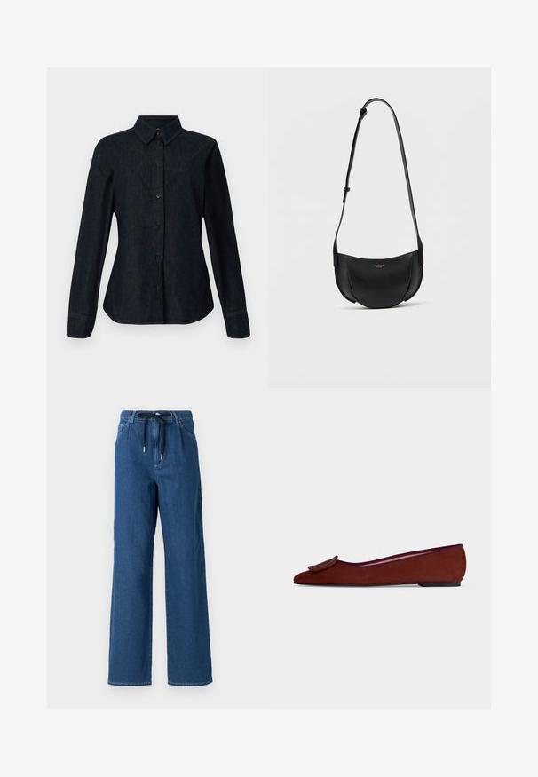 CLOSED SEAMING SHIRT - Blúzka so zapínaním na gombíky - dark blue; Široké tmavomodré denimové nohavice s pásom na šnúrku a prednými vreckami. Tkanina má hladkú textúru s jemnými švami.; Plochý hnedý semišový dámsky topánok so špicatou špičkou a veľkou dekoratívnou prackou na vrchu na jednofarebnom pozadí.; Čierna kožená polmesiacovitá kabelka cez rameno s nastaviteľným popruhom a malým zlatým logom uprostred prednej strany.
