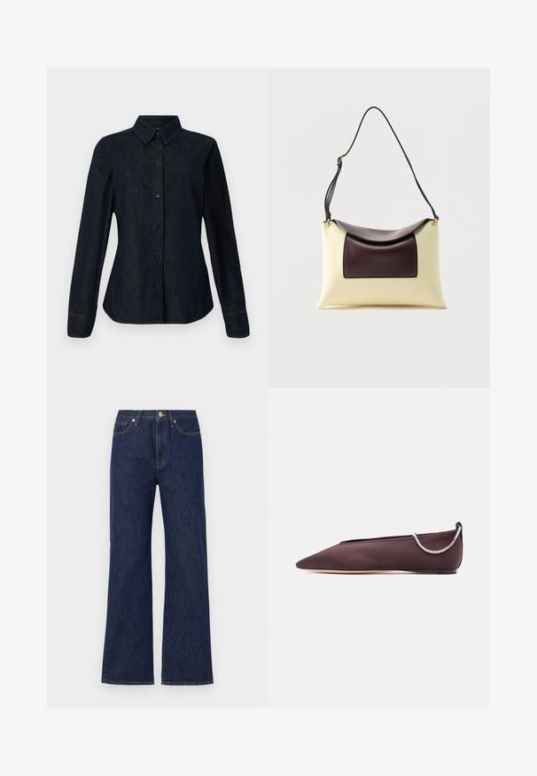 CLOSED SEAMING SHIRT - Blúzka so zapínaním na gombíky - dark blue; Tmavomodré široké nohavice vyrobené z džínoviny. Obsahujú zapínanie na gombík, predné vrecká a kontrastné stehy. Čistý, klasický dizajn.; Tmavohnedá balerína so špičatou špičkou, nízkym podpätkom a detailom zo striebornej retiazky s kryštálmi na zadnej strane.; Krémová a tmavohnedá kožená kabelka cez rameno s oblým prepážkou a nastaviteľným čiernym popruhom na bielom pozadí.