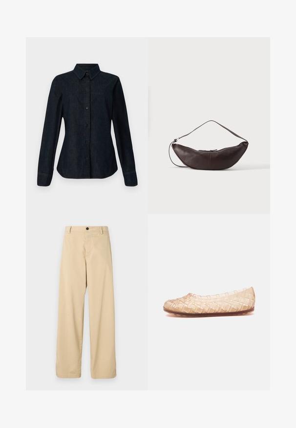 CLOSED SEAMING SHIRT - Blusa - dark blue; Pantalones de algodón beiges con un diseño de pierna recta, que cuentan con una cremallera frontal, un botón negro y dos bolsillos laterales.; Zapato plano tejido transparente beige con punta redondeada y suela marrón mostrado de lado sobre un fondo blanco.; Bolso de hombro de cuero marrón oscuro en forma de media luna con una correa curva y costuras visibles sobre un fondo liso.