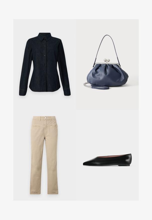 CLOSED SEAMING SHIRT - Overhemdblouse - dark blue; Beige katoenen broek met een rechte pijp, met een knoopsluiting aan de voorkant, twee voortassen en subtiele stikdetails.; Zwarte leren damesschoen met platte zool, puntige neus en lage hak, zijwaarts afgebeeld tegen een effen lichtgrijze achtergrond.; Zachte navyblauwe leren handtas met zilveren sluiting, enkele schouderband en afneembare ketting polsband op witte achtergrond.