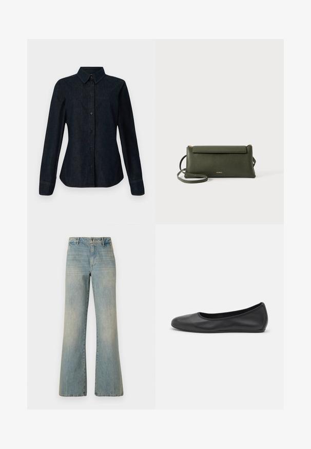 CLOSED SEAMING SHIRT - Blúzka so zapínaním na gombíky - dark blue; Svetlomodré rifľové nohavice s širokými nohavicami a vysokým pásom, zapínanie na gombík a vyblednutou textúrou. Obsahuje klasický dizajn s piatimi vreckami a priame nohavice.; Čierne kožené baleríny s okrúhlou špičkou, hladkým povrchom, minimálnym prešívaním a flexibilným dizajnom podrážky.; Tmavozelená textúrovaná kožená crossbody kabelka so sklápacím uzatváraním a tenkým nastaviteľným popruhom, embosovaná s malým zlatým logom "Bee Projects".