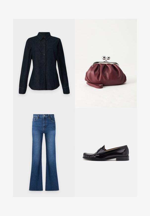 CLOSED SEAMING SHIRT - Chemisier - dark blue; Jean en denim bleu taille haute avec fermeture à boutons, poches avant, et jambes larges légèrement évasées sur fond blanc.; Mocassin en cuir noir avec une finition brillante, présentant des franges à l'avant et un petit talon empilé.; Petit sac pochette en cuir bordeaux avec fermoir métallique argenté et bracelet sur fond blanc.