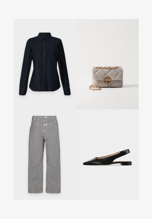 CLOSED SEAMING SHIRT - Skjortebluser - dark blue; Bredde ben bukser med striber i navy og hvid. Har en knaplukning, frontlommer og et glat, let stof.; Sort læder slingback flad sko med spids tå og lav firkantet hæl på hvid baggrund.; Vanessa Bruno MOON - Håndtasker - sable