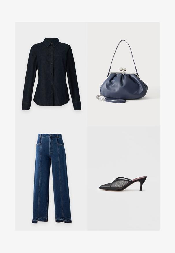 CLOSED SEAMING SHIRT - Blúzka so zapínaním na gombíky - dark blue; Džíny s vysokým pásom a širokými nohavicami v tmavomodrom denimovom materiáli, s prednými vreckami, kontrastným šitím a rozstrapkaným lemom.; Čierne sieťované muly s špicatou špičkou, tenkými popruhmi a 3-palcovým ihlovým podpätkom. Obsahujú priehľadnú textúru a pevnú tónovú podrážku.; Mäkká námornícky modrá kožená kabelka so strieborným zapínaním, jedným ramenným popruhom a odnímateľným reťazovým náramkom na bielom pozadí.