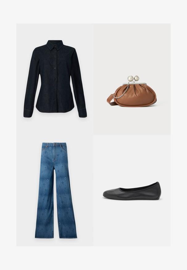 CLOSED SEAMING SHIRT - Blúzka so zapínaním na gombíky - dark blue; Dlhé džíny s širokými nohavicami v tmavomodrej farbe, s jemným celoplošným vzorom a klasickým dizajnom s piatimi vreckami. Šitie kontrastuje s látkou.; Čierne kožené baleríny s okrúhlou špičkou, hladkým povrchom, minimálnym prešívaním a flexibilným dizajnom podrážky.; Hnedá kožená kabelka s strieborným guľovým zapínaním a malým strieborným reťazom na bielom pozadí.