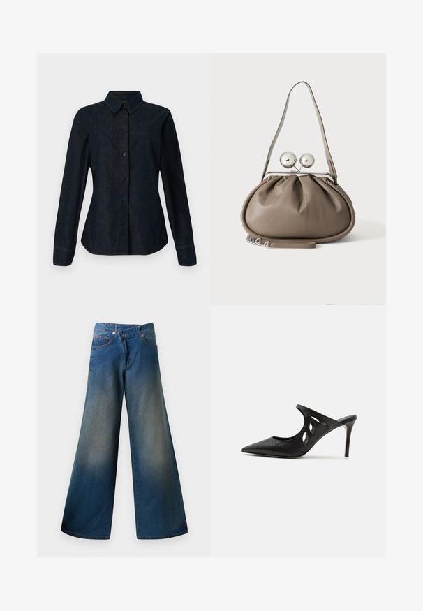 CLOSED SEAMING SHIRT - Blúzka so zapínaním na gombíky - dark blue; Modré široké džínsy vyrobené z denimu, s mierne vyblednutým povrchom, viditeľným šitím, dvoma prednými vreckami a zapínaním na gombík.; Čierne kožené vysoké špičaté papuče s výrezmi po stranách a hladkou textúrou. Stiletto podpätok a jemný steh.; Šedá kožená kabelka zaobleného tvaru, horné zapínanie s dvoma veľkými striebornými guľami a jeden popruh na držanie.