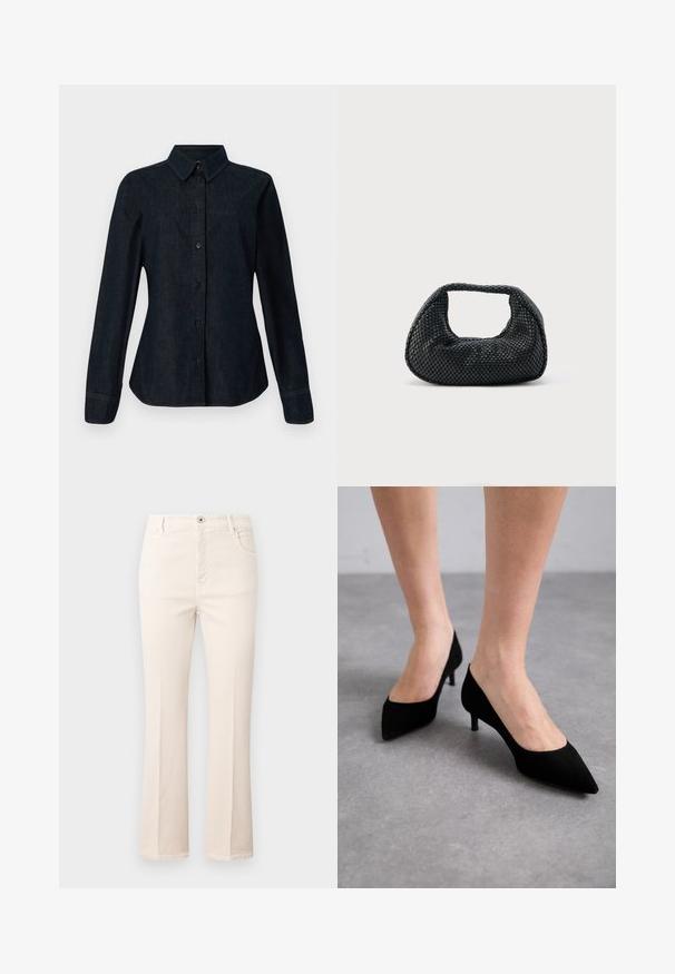 CLOSED SEAMING SHIRT - Skjortebluser - dark blue; Beige flare jeans lavet af bomuld, med høj talje, fem lommer, knaplukning og diskrete syninger.; Sorte ruskindspistede højhælede sko med en slank, klassisk mid-højde hæl og en bred åbning, præsenteret på bare fødder mod en grå baggrund.; Sort flettet hobo-taske med blød struktur og integreret håndtag, vist på en ensfarvet lys baggrund.