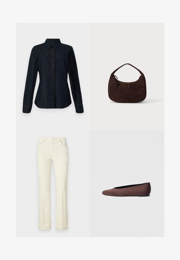 CLOSED SEAMING SHIRT - Hemdbluse - dark blue; Hellgelbe gerade Jeans aus Baumwolle, mit einem Fünf-Taschen-Design, Gürtelschlaufen und aufgerolltem Saum.; Braune Ballettschuhe aus Stoff mit spitz zulaufender Spitze und glatter Textur, ausgestattet mit einem niedrigen Rückenteil und einer dünnen schwarzen Sohle. Keine sichtbaren Muster oder Verzierungen.; Dunkelbraune Wildlederhandtasche mit kurzem Riemen und abgerundeter rechteckiger Form auf einem einfarbigen hellen Hintergrund.