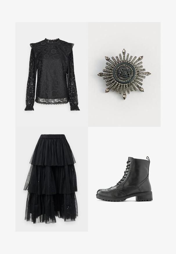 PIECES Tall PCOLLINE - Blusa - black; Falda de tul negro en capas con cinturilla elástica y un diseño en cascada con longitudes variables y sutiles toques de purpurina.; Bota de cuero negro para tobillo con detalles brogue, diseño con cordones, suela resistente y una lengüeta en el talón para facilitar su uso.; Broche en forma de estrella en metal de tono plateado con rhinestones transparentes. El diseño central presenta un emblema circular con un detallado intrincado.