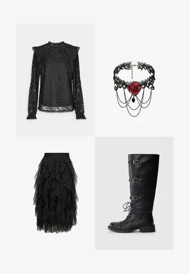 PIECES Tall PCOLLINE - Blúz - black; Fekete midi szoknya réteges tüllből, fodros designnal. Rugalmas derekú. Átlátszó anyaga textúrát és mozgást kölcsönöz.; Fekete bőr térdmagasságú csizma fűzős elülső résszel, három csattal, lekerekített orral és alacsony blokk sarkal. Simább textúra matt felülettel.; Fekete csipkés choker nyaklánc díszes mintákkal, középen sötétvörös anyagból készült rózsával, lógó fekete láncokkal és fekete csepp alakú medállal.