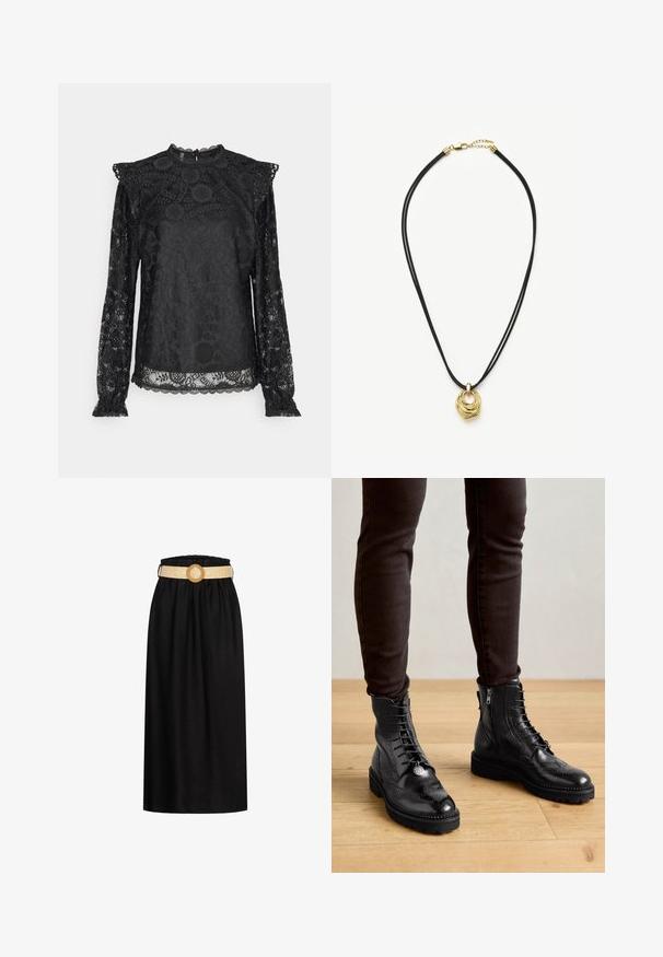 PIECES Tall PCOLLINE - Bluse - black; Sort midi-skrædder lavet af blødt stof, med en elastisk talje og et vævet beige bælte med en cirkulær spænde.; Sorte læder ankelstøvler med brogue-detaljer, snørebånd foran, sideskafter og teksturerede gummisåler. Matchet med mørke slim-fit bukser.; Sort dobbelt snor halskæde med en guldfarvet abstrakt snoet løkke vedhæng og guldlås med forlængerkæde.