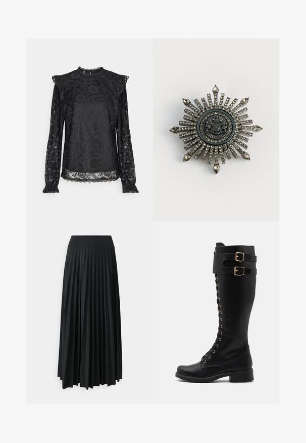PIECES Tall PCOLLINE - Blusa - black; Falda maxi negra con pliegues y cinturilla elástica ancha. Fabricada con un tejido suave y fluido, presenta pliegues verticales para añadir textura.; Botas de cuero negras hasta la rodilla con detalles en dorado, que cuentan con un frente laceado, dos correas con hebilla y un tacón cuadrado.; Broche en forma de estrella en metal de tono plateado con rhinestones transparentes. El diseño central presenta un emblema circular con un detallado intrincado.
