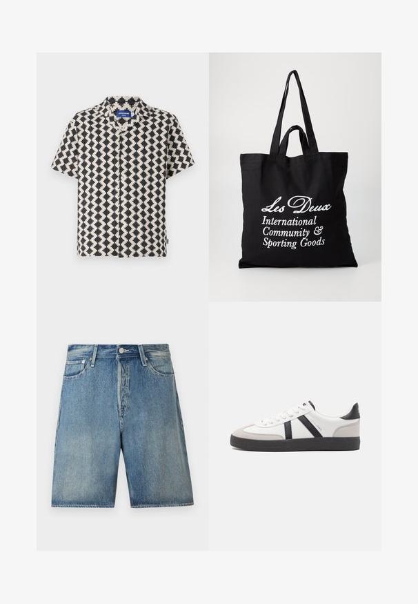 Kortærmet skjorte i et creme- og sort geometrisk mønster. Har en krave-udskæring og knaplukning foran. Lavet af letvægtsstof.; Lysblå denimshorts med klassisk fem-lomme-design, knaplukning, lige snit og en let vask.; Hvide sneakers med sorte og grå detaljer, med en tekstureret grå tåhætte, sort gummisål og flade hvide snørebånd. Rent design, minimalistisk stil.; Sort lærredstote med to solide håndtag, med hvid tekst: "Les Deux International Community & Sporting Goods."
