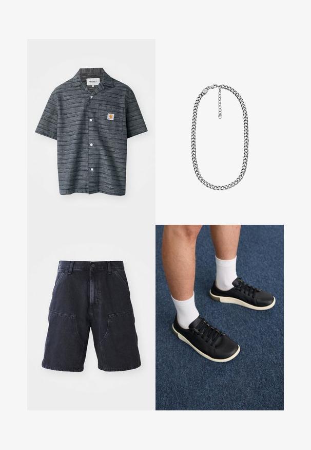 Camisa de botones de manga corta en gris oscuro con un patrón a rayas, que cuenta con un bolsillo en el pecho y un parche del logo de Carhartt.; Shorts de mezclilla oscura con corte recto, grandes bolsillos frontales y cierre de botón; textura suave y detalles de costura mínimos.; Zapatilla negra de cuero liso, con una suela blanca, seis ojales con cordones negros y un sutil acento beige en el talón.; Collar de cadena curb en tono plateado con cierre de langosta y cadena extensible ajustable sobre fondo blanco.