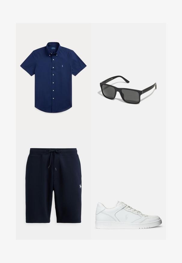 Marineblaues Kurzarmhemd mit Knöpfen und Button-Down-Kragen sowie kleinem gesticktem Logo auf der linken Brust.; Marineblaue Baumwoll-Sportshorts mit elastischem Bund, Kordelzug und Logo-Akzent auf der linken Seite. Glatte Textur, knielang.; Weißer Ledersneaker mit glatter Textur, ausgestattet mit einer perforierten Zehenpartie, Schnürverschluss und gesticktem Logo an der Seite. Weiße Gummisohle.; Schwarze rechteckige Sonnenbrille mit dunklen Gläsern und matter Oberfläche. Enthält das eingeprägte "POLO"-Logo an den Bügeln und ein robustes Rahmendesign.