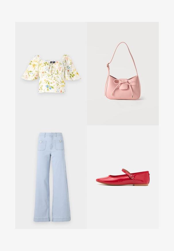 Top court floral avec des manches bouffantes, se caractérise par un décolleté carré, tissu principalement blanc avec des motifs floraux verts, jaunes et bleus.; Jean large en denim bleu clair, avec une taille haute, de grandes poches avant et des accents métalliques sur les poches arrière.; Ballerines en cuir verni rouge avec un bout rond, une sangle élastique avec une boucle ronde, et une semelle plate beige. Surface lisse avec finition brillante.; Petit sac bandoulière rose pastel avec sangle réglable et détail nœud à l'avant avec extrémités dorées sur un fond uni.