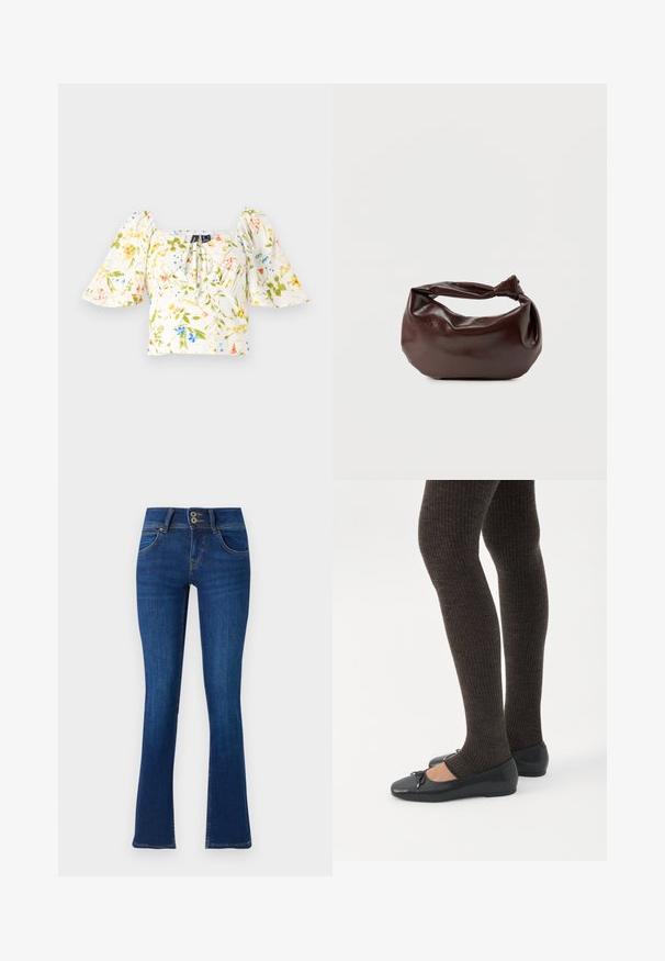 Lille lillelilledega crop top puffvarrukatega, millel on ruudukujuline kaelus, peamiselt valge kangas, millel on rohelised, kollased ja sinised lillemustrid.; Tumed sinised laiad teksad, mis on valmistatud denimist. Omab kahte eesmist taskut, kahekordset nupuvajutust ja õrnalt tikitud detaile. Sile tekstuur.; Jalad seljas tumedad soonelises soonelises kombines mustade baleriinadega, millel on väikesed paelade detailid valgel taustal.; Tumepruunast nahast õlakott, pehme ja lõdva vormiga, keeratud sõlme tüüpi sangaga, valgel ühevärvilisel taustal.