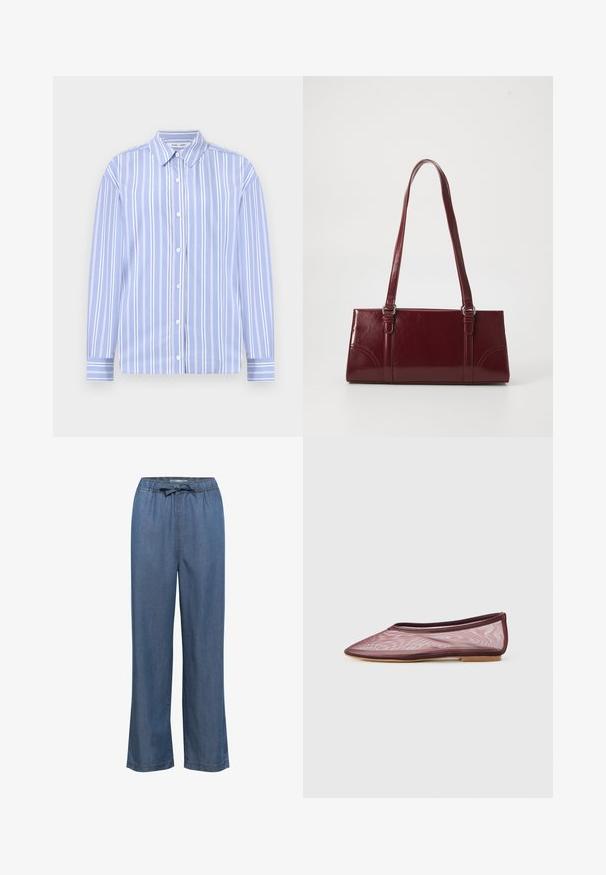 Lyseblå langærmet skjorte med hvide lodrette striber, kjolekrave og knaplukning foran; glat stof med struktureret design.; Bredde denim bukser i en mellemblå tone, med en elastisk talje og justerbar snor samt lige ben for en afslappet pasform.; Bordeaux net ballet flad med spids tå og tynd sål, der fremhæver et minimalistisk og åndbart design.; Bordeaux håndtaske lavet af glansfuldt materiale, rektangulær form, med to skulderremme og subtile buede detaljer på forsiden.