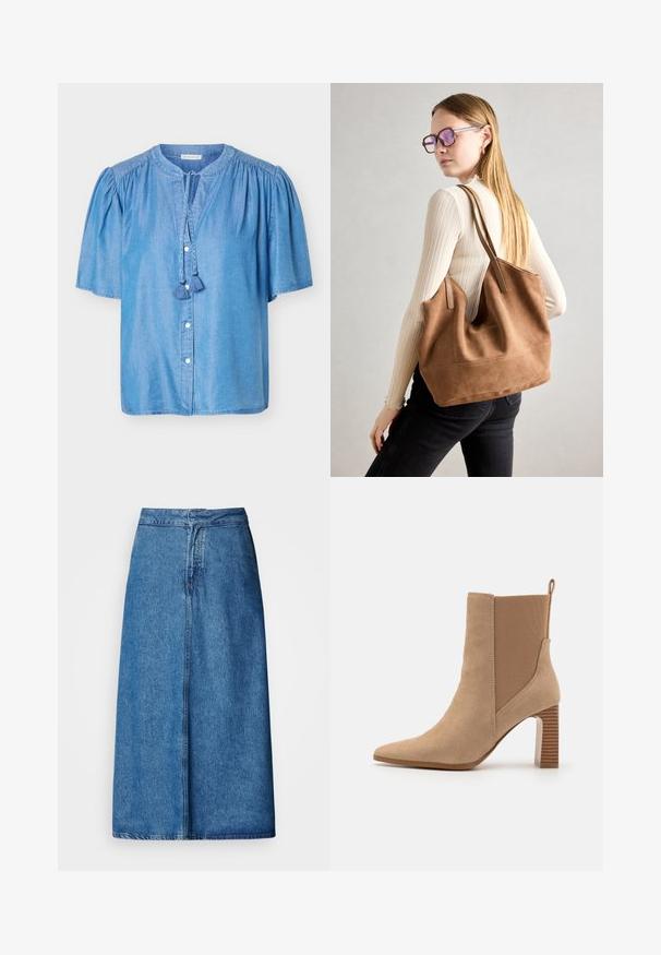 Blouse bleu clair à manches courtes, col rond, boutons sur le devant, épaules froncées et deux liens à pompons au niveau du cou.; Jupe midi en denim à coupe décontractée, avec une taille haute, un ourlet effiloché et une couleur bleu uni. Design simple sans ornements visibles.; Bottes chevilles beiges en daim avec des panneaux latéraux élastiques, bout pointu et un talon bloc rayé. Comprend une languette à l'arrière.; Sac fourre-tout en daim marron avec une texture douce, grande ouverture et longues sangles. Présente un design simple avec des coutures visibles et sans matériel.
