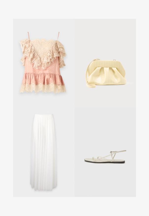 Pink satin camisole med cremefarvede blomsterblonde flæser langs halsudskæring, kant og ærmer, med tynde skulderstropper.; Lang hvid plisseret nederdel med høj talje og et flydende gulvlængde design mod en ensfarvet baggrund.; Beige flad sandal med flere slanke stropper og en justerbar spænde. Sålen er flad med en let mørkere kontrast ved kanten.; Clutch-taske i cremefarvet læder med en struktureret topramme og håndledsrem, vist mod en enkel lys baggrund.