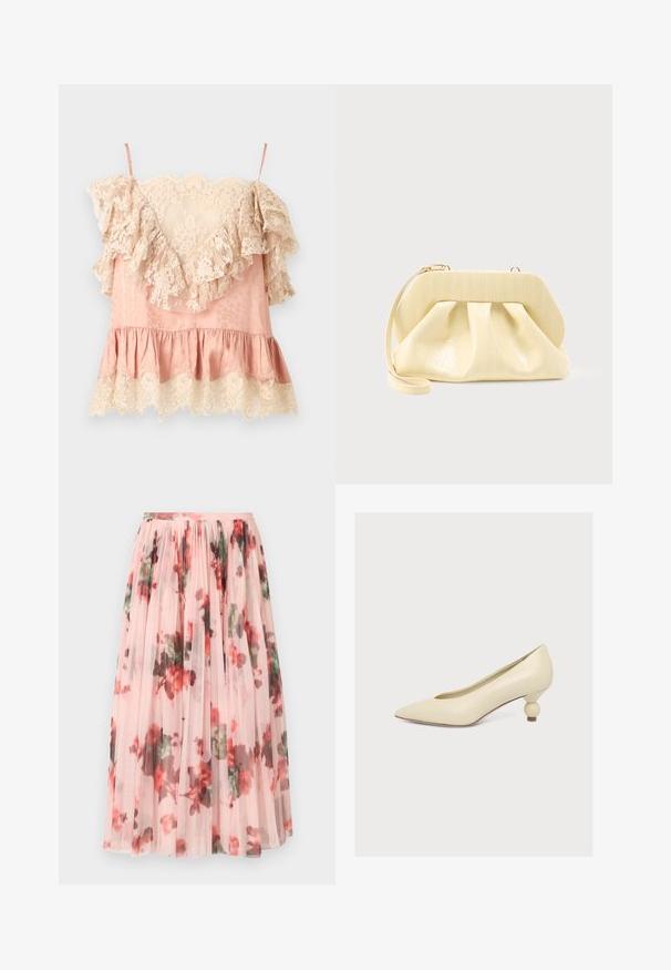 Camisola rosa de satén con volantes de encaje floral en crema a lo largo del escote, el dobladillo y las mangas, con finos tirantes.; Falda de tul con una base rosa suave, que presenta un patrón floral en rojo y verde. La tela es transparente con pliegues fruncidos en la cinturilla.; Zapato de salón color crema con punta alargada, tacón corto, redondeado y apilado, y acabado mate y suave sobre un fondo claro y liso.; Bolso clutch de cuero color crema con un marco superior estructurado y correa de muñeca, mostrado sobre un fondo claro y liso.