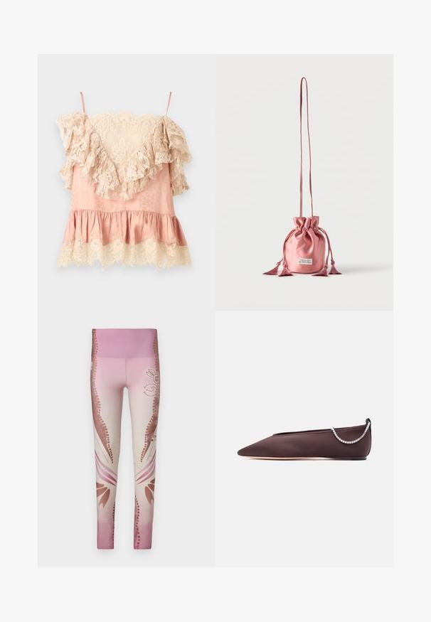 Camisole en satin rose avec des volants en dentelle florale crème le long de l'encolure, de l'ourlet et des manches, avec de fines bretelles.; Leggings roses avec un dégradé de clair à foncé, ornés de motifs floraux et d'accents décoratifs sur les côtés. Texture lisse.; Chaussure plate marron foncé à bout pointu avec un petit talon et un détail chaîne en strass argentée à l'arrière.; Petit sac en satin rose avec cordon de serrage, longue sangle et détails à pampilles, debout sur un fond blanc uni.