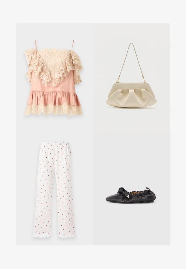 Pink satin camisole med cremefarvede blomsterblonde flæser langs halsudskæring, kant og ærmer, med tynde skulderstropper.; Hvide pyjamasbukser med små røde jordbærprint, elastisk talje og flæsekant. Materialet virker blødt og let.; Sort læder balletflat med rynket detalje, spids tå og lille metallisk trekantet pynt på siden, flad sål.; Kremfarvet blød clutch-taske med samlet plissering og en tynd skulderrem med guldfarvet hardware.