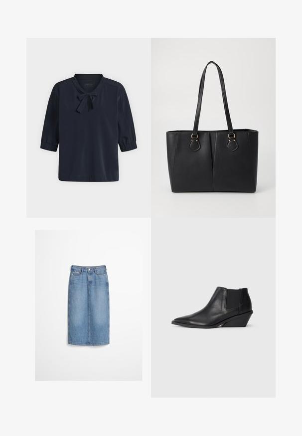 Blouse bleu marine avec des manches bouffantes jusqu'aux coudes et un petit nœud noué au niveau du col, présentée sur un fond clair uni.; Jupe en denim bleu clair avec boutons à l'avant et passants pour ceinture, portée avec un pull texturé foncé.; Bottines en cuir noir présentant un bout pointu, des panneaux latéraux élastiques et un petit talon incliné. Texture lisse avec un minimum de détails.; Sac fourre-tout noir en simili cuir avec une finition texturée, deux longues poignées et des accents en métal doré sur le côté. Shape rectangulaire.