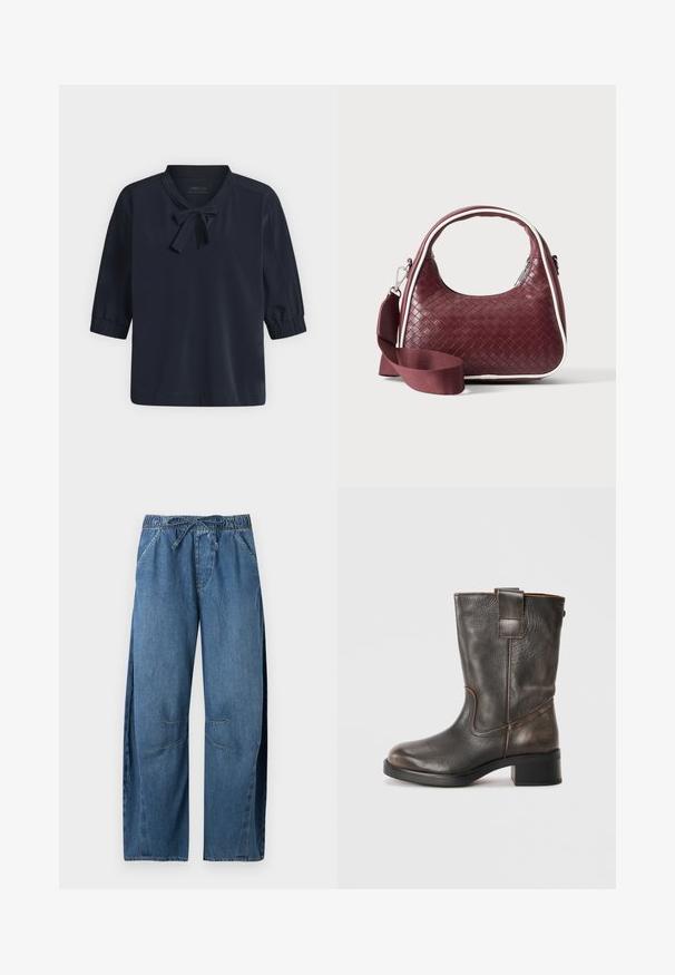 Blouse bleu marine avec des manches bouffantes jusqu'aux coudes et un petit nœud noué au niveau du col, présentée sur un fond clair uni.; Pantalon en jean bleu coupe ample avec taille élastique et cordon, avec poches latérales et détails cousus aux genoux.; Bottines en cuir brun avec un bout arrondi, des coutures discrètes, un tirant décoratif et un petit talon carré. Texture lisse, design minimal.; Sac à main en cuir tressé marron foncé avec poignée courbée, garniture blanche, fermeture éclair argentée et bandoulière large en tissu amovible sur fond uni.