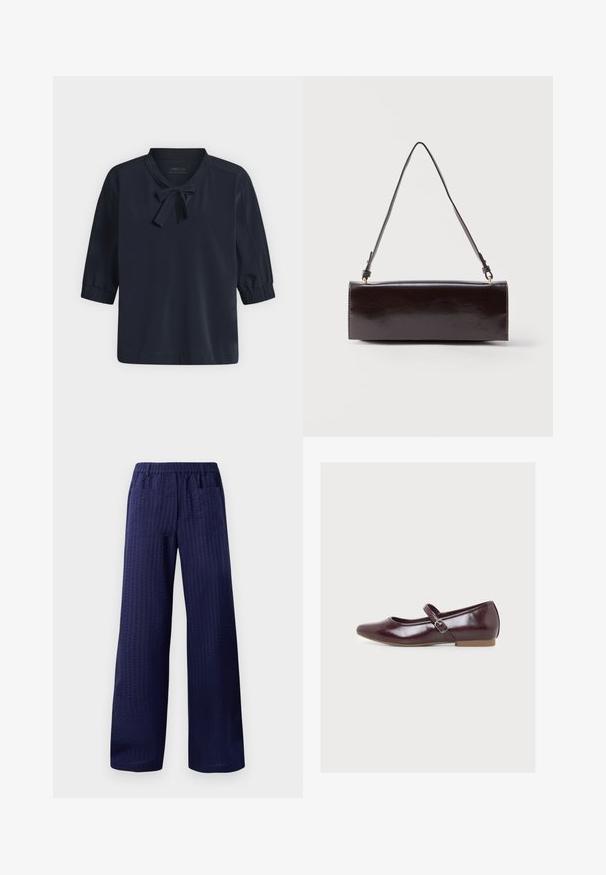 Navyblauwe blouse met pofmouwen tot op ellebooglengte en een klein gestrikt strikje bij de halslijn, weergegeven op een effen lichte achtergrond.; Marineblauwe wijde broek met een textuurfinish, elastische tailleband en twee achterzakken. Gemaakt van lichtgewicht, ademend materiaal.; Glanzende donkerrode Mary Jane platte schoen met een zijgesp en lage tan kleurige zool, gezien vanuit een linkerzijaanzicht op een witte achtergrond.; Rechthoekige zwarte leren handtas met een enkele lange schouderband en een glanzende afwerking, weergegeven tegen een effen witte achtergrond.