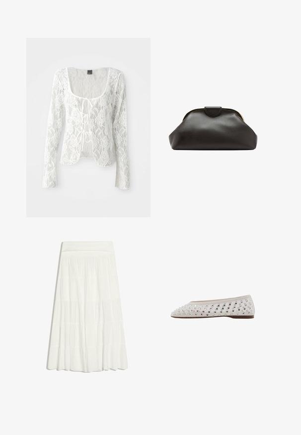 Hvid blonde langærmet cardigan med rund udskæring og knyt-front lukning. Blomster mønster med en gennemsigtig tekstur og buet nederkant.; Hvid langt lagdelt nederdel med samlet stofpaneler og en bred linning, flydende og let udvidet ved kanten.; Balletflad i cremefarvet stof med sølvfarvede palietter arrangeret i et prik mønster, rund tå og lav brun sål. Tekstureret overdel for ekstra detalje.; Blød sort læder clutch taske med en rundet ramme og en lille lukning i toppen midt på.