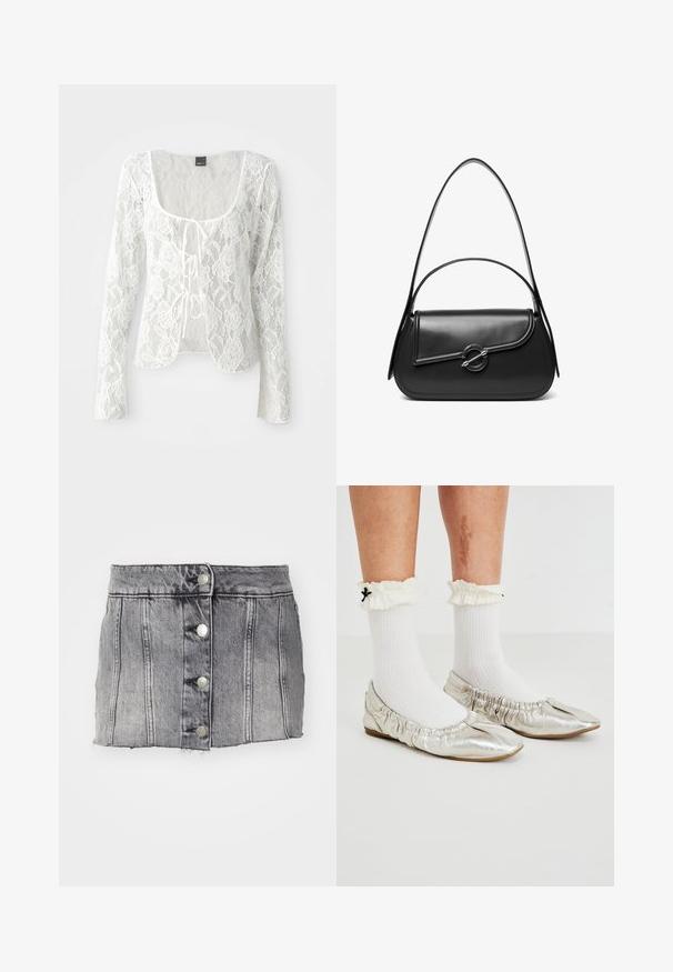 Hvid blonde langærmet cardigan med rund udskæring og knyt-front lukning. Blomster mønster med en gennemsigtig tekstur og buet nederkant.; Grå denimskørt med høj talje, fem sølvknapper, lodrette syninger og rå kant. Har en tætsiddende silhuet og en blød tekstur.; Metallic sølv balletflade med samlet kant, parret med hvid ribbet sokker med en rynket manchet og sort sløjfe-accent.; Sort skuldertaske i læder med en buet klap, der er fastgjort med en rund metal spænde, og en slank, justerbar rem.