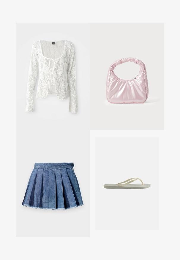 Witte kanten cardigan met lange mouwen, een ronde hals en sluiting met strik. Bloemenpatroon met een doorschijnende textuur en een afgeronde zoom.; Blauwe denim geplooide minirok met een knoop- en zijritsluiting, met een rafelige zoomdetail.; Enkele ecru rubberen teenslipper met dunne bandjes en een gestructureerd voetbed, zijaanzicht op een effen achtergrond.; Roze, gevoerde handtas met een afgeronde vorm, gemaakt van glanzend materiaal. Beschikt over een geplooide handgreep en een ritssluiting voor veilige toegang.