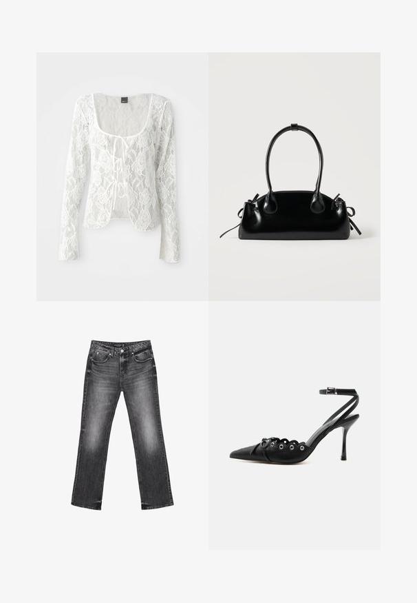 Hvid blonde langærmet cardigan med rund udskæring og knyt-front lukning. Blomster mønster med en gennemsigtig tekstur og buet nederkant.; Sorte denim jeans med lige ben, falmet tekstur og fem lommer. Har bæltestropper og lynlås.; Sort spids hæl med bølgede kanter, metaløjer, snørelukning foran og ankelrem med spænde.; Lille sort blank håndtaske med to lange håndtag og snøre-detaljer i siden på en ensfarvet lys baggrund.