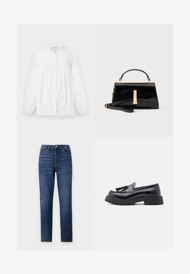 Witte blouse met lange mouwen, gerimpelde schouderpas, knoopsluiting aan de voorkant, mandarinakraag en elastische manchetten.; Hoge taille blauwe denim jeans met rechte pijpen, voorzien van subtiele wassing, sluiting met één knoop en een vijf-pocket ontwerp.; Zwarte leren loafers met een taps toelopend ontwerp, een kwastaccent en een dikke rubberen zool met een profiel voor grip.; Glanzende zwarte handtas met bovenhandvat, gouden gesp en afneembare schouderriem op een effen lichte achtergrond.