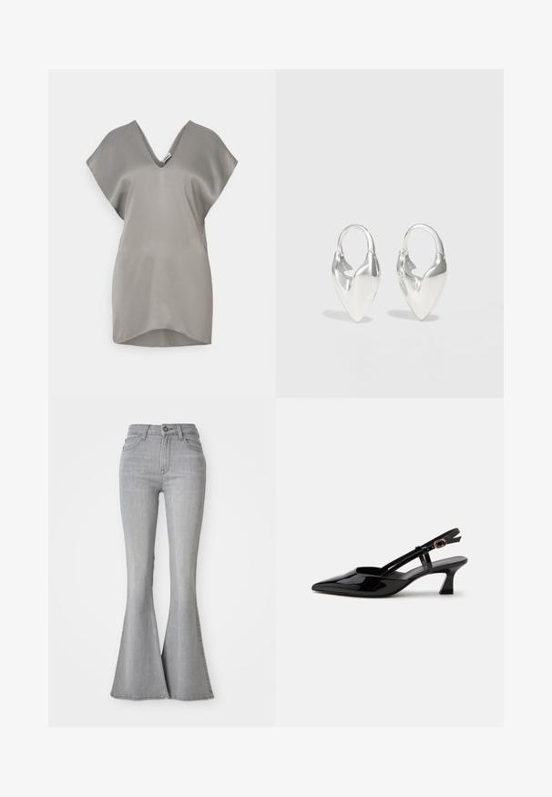 Grå silketop med V-udskæring, korte capeærmer og rund kant. Stoffet har en glat, blank overflade.; Højtaljede lysegrå denim jeans med flared ben, frontknap, lynlås og for- samt baglommer.; Sort laklæderslingback med lille hæl, spids tå og justerbar guldlåsrem på hvid baggrund.; Otiumberg ROSCIDA HEART HOOPS - Øreringe - silver-coloured