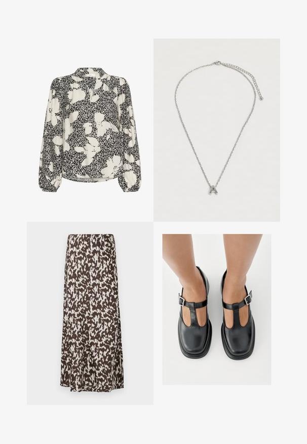 Bluse lavet af letvægtsmateriale med et sort-hvidt blomstermønster, en v-udskæring og lange, pufære med elastiske manchetter.; Brun nederdel med et hvidt abstrakt mønster, med et flydende design og glat tekstur, der går til midten af læggen.; Sorte lædersko med T-rem-design, lukket tå og sølvfarvede spændeaccenter. Glat tekstur med rundet tå og flad sål.; Sølvkæde med et vedhæng i form af stort bogstav "A" og justerbar lås på en ensfarvet hvid baggrund.