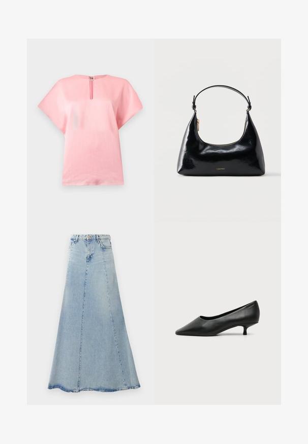 Blusa rosa suave de manga corta con tela texturizada y un pequeño escote en forma de ojo de cerradura cerrado con un broche plateado.; Falda de mezclilla azul claro con forma acampanada en A, que cuenta con un cierre frontal de botones, pasadores para cinturón y detalles de costura visibles.; Zapato de mujer negro de cuero con tacón bajo, puntera puntiaguda y pequeño tacón kitten sobre fondo claro liso.; Bolso negro brillante de Calvin Klein con cremallera dorada y correa corta sobre un fondo blanco liso.