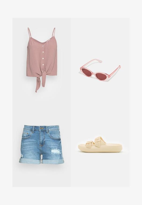 Støvet rosa ærmeløs top med V-udskæring, knaplukning foran og en knyttet kant. Fremstillet af tekstureret stof med justerbare spaghetti-stropper.; Lysblå denimshorts med et slidsermønster. Har opfoldede kanter, front- og baglommer samt en metalknaplukning.; Beige slip-on sandal med tekstureret overdel, justerbare spænder og en tyk, polstret sål. Letvægtsdesign velegnet til afslappet brug.; Lyserøde transparente solbriller med ovale linser, mørkerød toning og slanke stænger, der har en glat overflade og diskret detaljering på rammen.