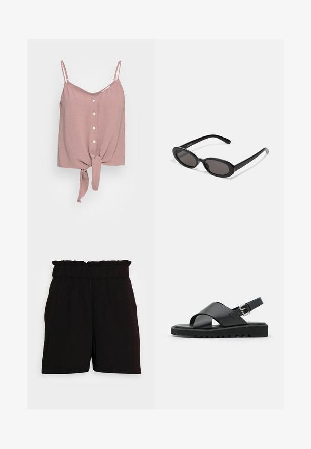 Stofzuiger rozenkleurige mouwloze top met een V-hals, knoopsluiting aan de voorkant en een geknoopte onderkant. Gemaakt van textuurstof met verstelbare spaghettibandjes.; Zwarte shorts met een elastische tailleband met ruffle-details, gemaakt van een gestructureerde stof, met zijzakken en een ontspannen pasvorm.; Zwarte leren sandalen met een kruisbandontwerp, verstelbare gesp en een gestructureerde zool met ribbels voor grip.; Even&Odd by Zalando Zonnebril - black