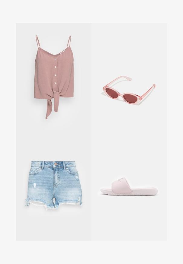 Støvet rosa ærmeløs top med V-udskæring, knaplukning foran og en knyttet kant. Fremstillet af tekstureret stof med justerbare spaghetti-stropper.; Denimshorts i lyseblå med en distressed finish, frynset kant og klassisk fem-lomme design. Har en metal knaplukning.; Rosa slidessandal med fleksibel gummisål, polstret rem og minimalistisk design. Har et logo på remmen og en glat overflade.; Lyserøde transparente solbriller med ovale linser, mørkerød toning og slanke stænger, der har en glat overflade og diskret detaljering på rammen.