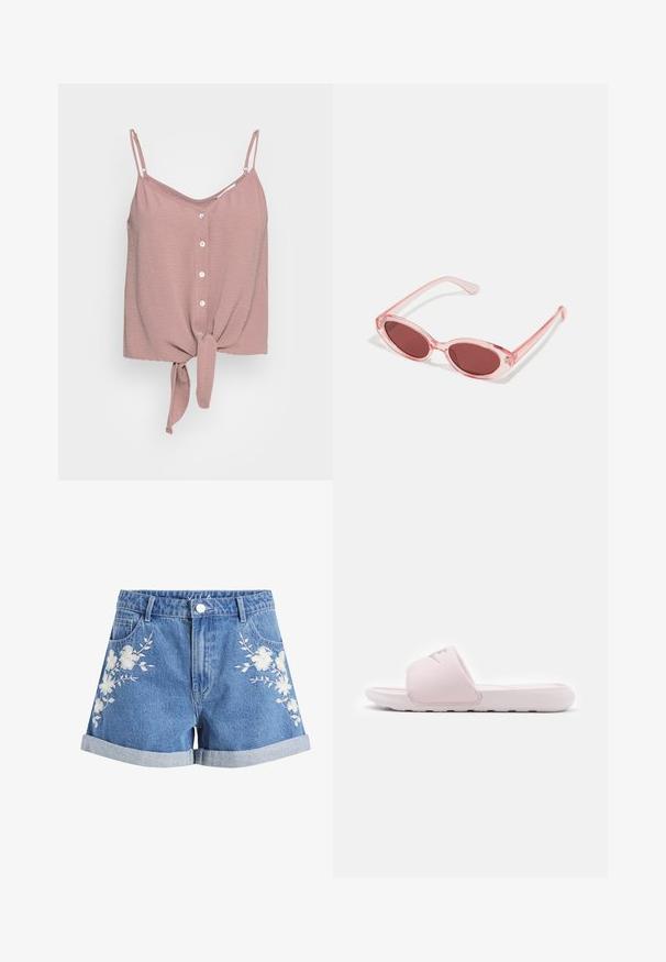 Staubrosa ärmellose Bluse mit V-Ausschnitt, Knopfleiste und geknotetem Saum. Hergestellt aus strukturiertem Stoff mit verstellbaren Spaghettiträgern.; Blaue Denim-Shorts mit umgeschlagenen Bündchen und weißer Blumenstickerei auf beiden Vorderseiten, mit Gürtelschlaufen und vorderen Taschen.; Rosa Rutschelsandale mit einer flexiblen Gummisohle, gepolstertem Riemen und minimalistischer Gestaltung. Mit einem Logo auf dem Riemen und glatter Textur.; Pink transparente Sonnenbrille mit ovalen Gläsern, dunkler roter Tönung und schlanken Bügeln, ausgestattet mit einer glatten Oberfläche und dezenten Details am Rahmen.