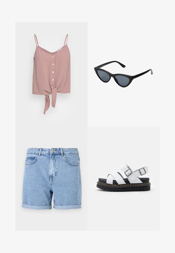 Top sans manches rose poussière avec un col en V, des boutons sur le devant et un ourlet noué. Fabriqué en tissu texturé avec des bretelles spaghetti ajustables.; Shorts en denim bleu clair, avec un ourlet roulé, des poches standard et une fermeture à bouton à l'avant. Texture douce avec une finition légèrement délavée.; Sandales en cuir blanc avec des sangles réglables à boucle, semelle en noir superposée et détail de couture orange le long du bord.; Lunettes de soleil noires en forme d'œil de chat avec des verres gris foncé, monture en plastique élégante, coins pointus et branches droites. Pas de métal visible ni d'accents.