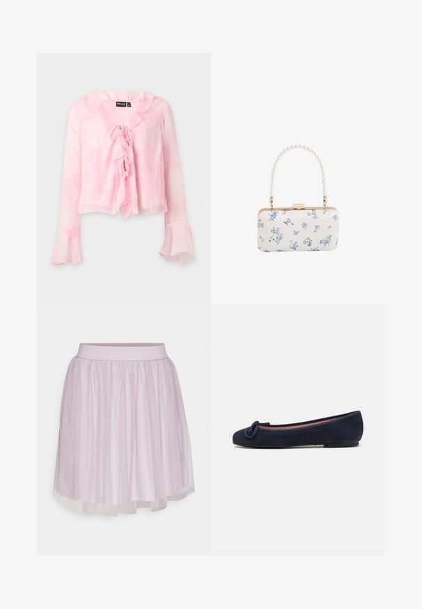 Blusa rosa claro transparente con mangas largas acampanadas, cuello fruncido y cierre delantero con lazo de la marca Pieces.; VILA VIDOLL SKIRT - Minifalda - nirvana; Bailarina de ante azul marino con punta redondeada y un acento anudado en la punta. Suela baja y flexible para mayor comodidad. Diseño simple y aerodinámico.; Clutch rectangular blanca con patrón floral azul y asa con cuentas de perlas, herrajes en tono dorado y cierre con broche.
